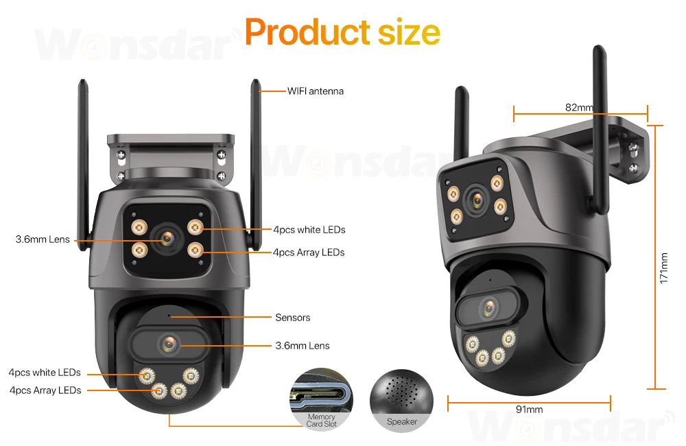 WONSDAR Three Screen WIFI IP Camera Outdoor  Dual Lens Camera Ai Human Detection Waterproof CCTV Video Security Camera iCsee