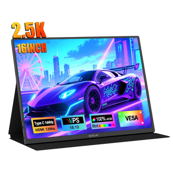 ZEUSLAP 16" 2.5K 144hz Portable Monitor 2560*1600 16:10 100%sRGB 500Cd/m²  Travel Gaming Display for Laptop Switch ps4 ps5 Xbox