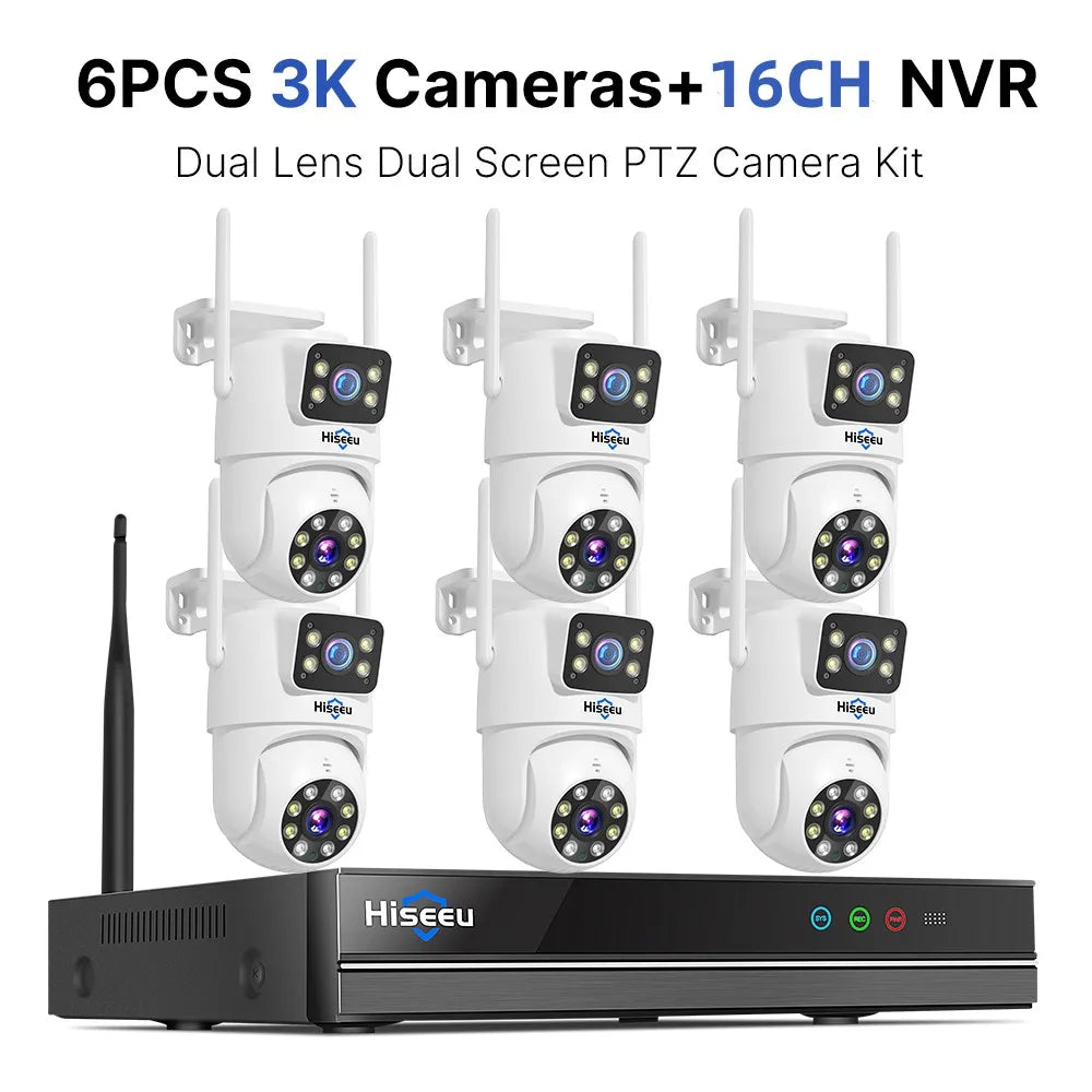 Hiseeu 3K 6MP Dual Lens WiFi CCTV Surveillance Kit Automatic Tracking Color Night Vision P2P 16CH NVR IP Cameras Security System