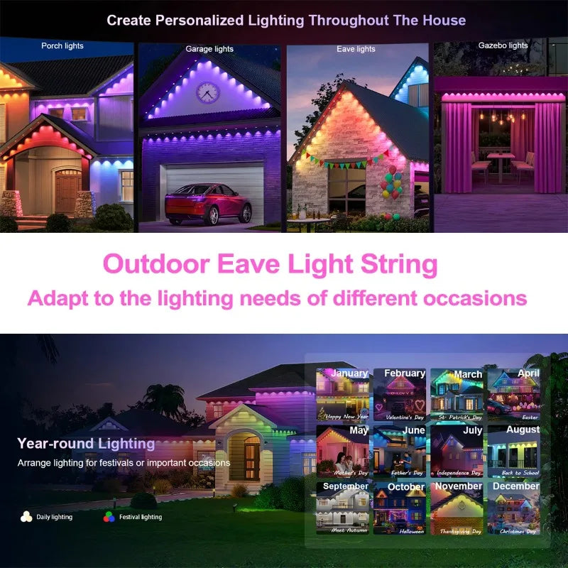 500FT Smart RGB Eave Lights App & Remote IP67 Permanent Outdoor LED String Lights Home New Year Christmas Birthday DIY Lighting