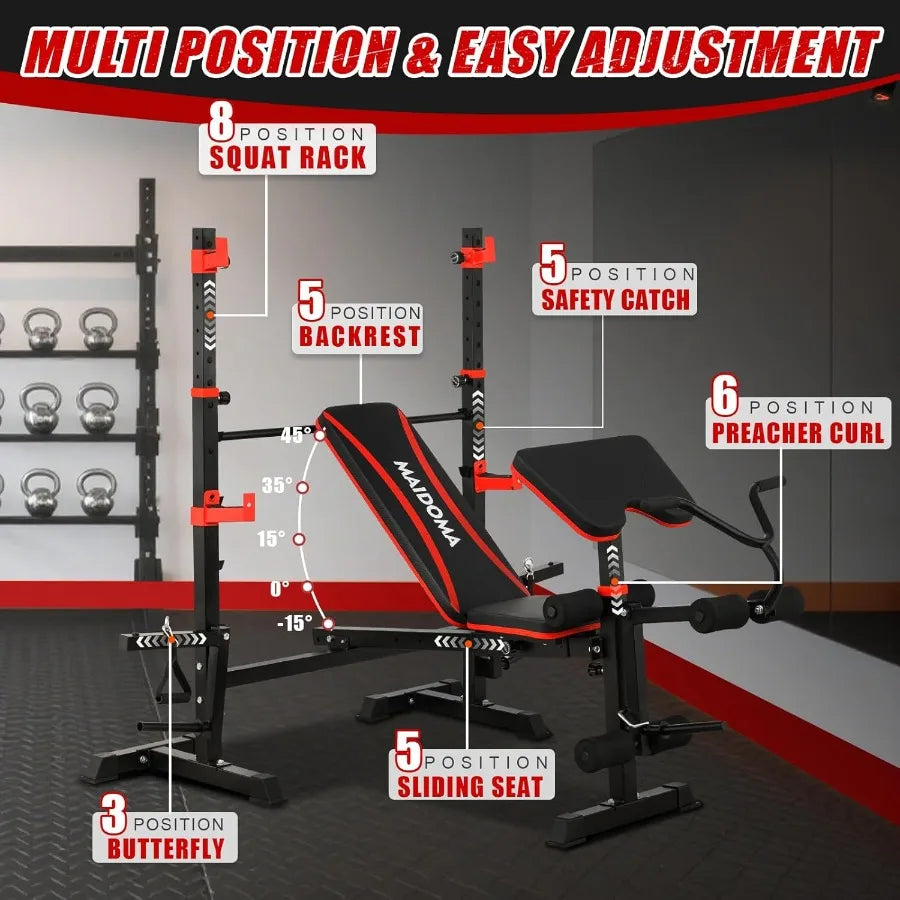 1500LBS 8 in 1 Olympic Weight Bench Set with Leg Extension/Curl and Preacher Curl, Bench Press Set and barbell Rack with Safety