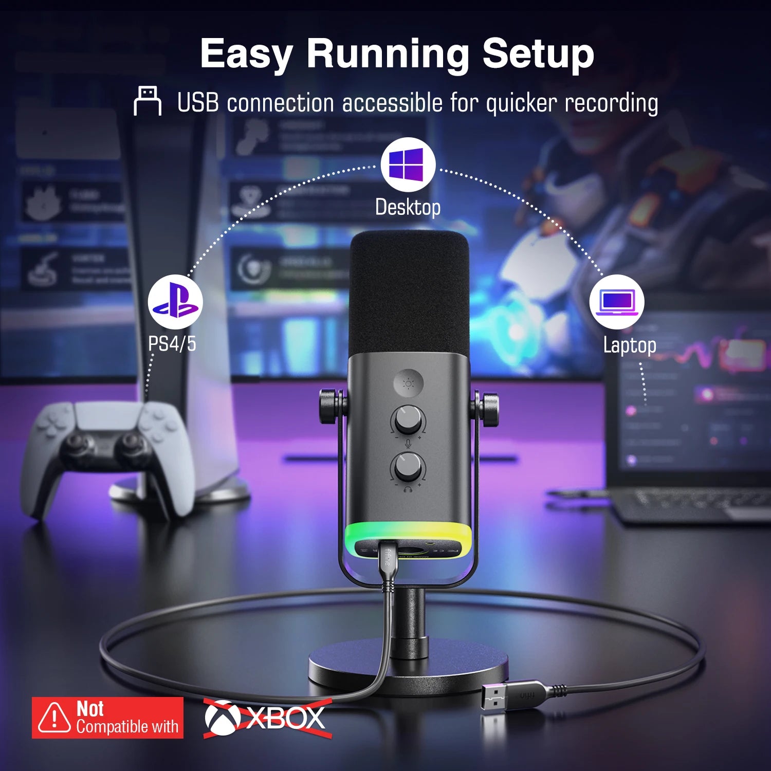 FIFINE USB/XLR Dynamic Microphone with Touch Mute Button,Headphone jack,I/O Controls,for PC PS5/4 mixer,Gaming MIC Ampligame AM8