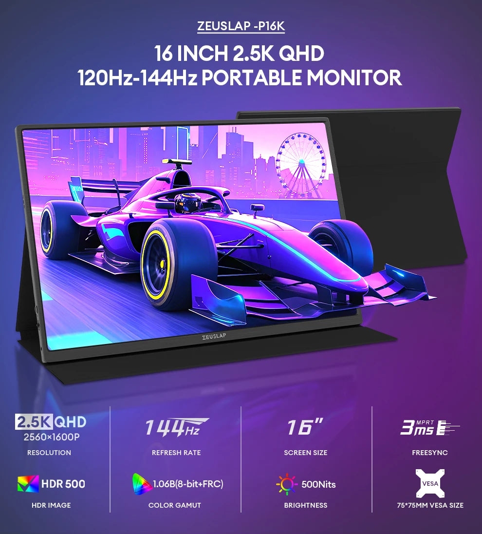 ZEUSLAP 16" 2.5K 144hz Portable Monitor 2560*1600 16:10 100%sRGB 500Cd/m²  Travel Gaming Display for Laptop Switch ps4 ps5 Xbox