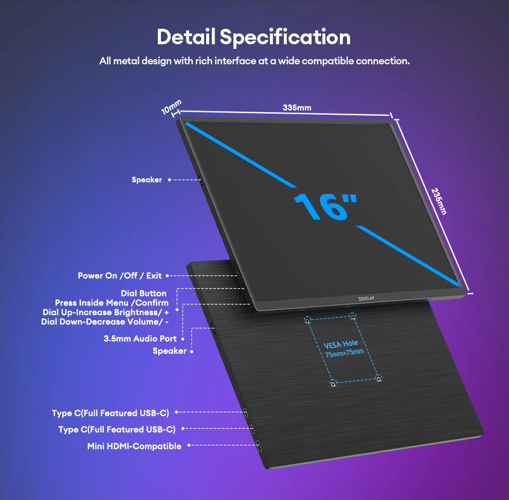 ZEUSLAP 16" 2.5K 144hz Portable Monitor 2560*1600 16:10 100%sRGB 500Cd/m²  Travel Gaming Display for Laptop Switch ps4 ps5 Xbox