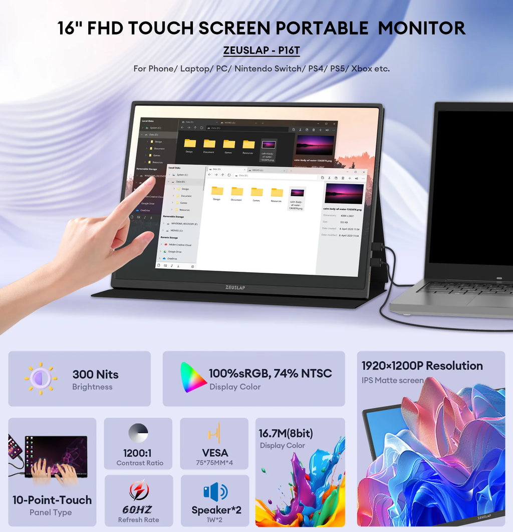 ZEUSLAP 16" Touch Screen Portable Monitor 100%sRGB 1200P IPS Travel Display for Steam Deck Laptop Switch PS4 PS5 Xbox