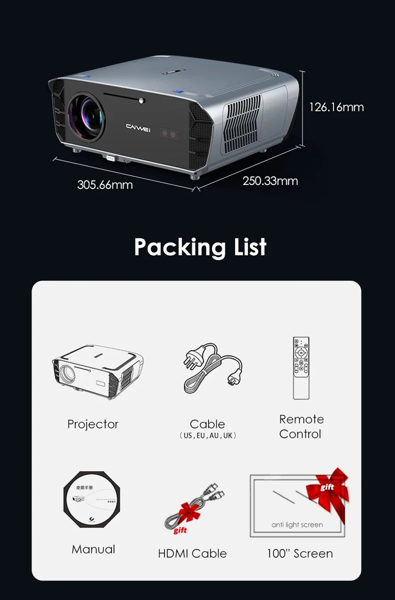 CAIWEI S7+ 4K Ultra HD Projector Video 3500 ANSI Home Theater Android for Movies Auto Focus Smart TV Beam Projectors for Outdoor