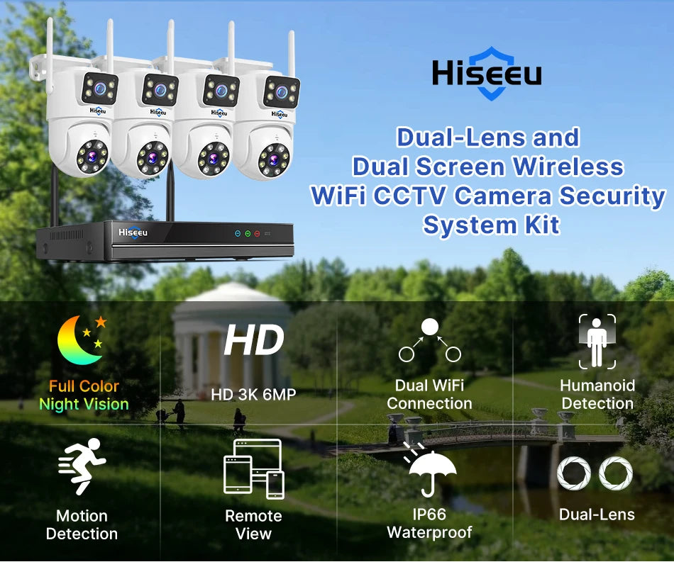 Hiseeu 3K 6MP Dual Lens WiFi CCTV Surveillance Kit Automatic Tracking Color Night Vision P2P 16CH NVR IP Cameras Security System