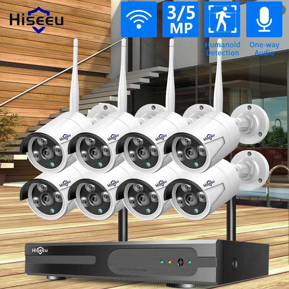 Hiseeu 3/5/8MP WIFI Security Camera Kit Night Vision One-way Audio P2P 16CH NVR Bullet Camera  Wireless CCTV Surveillance System