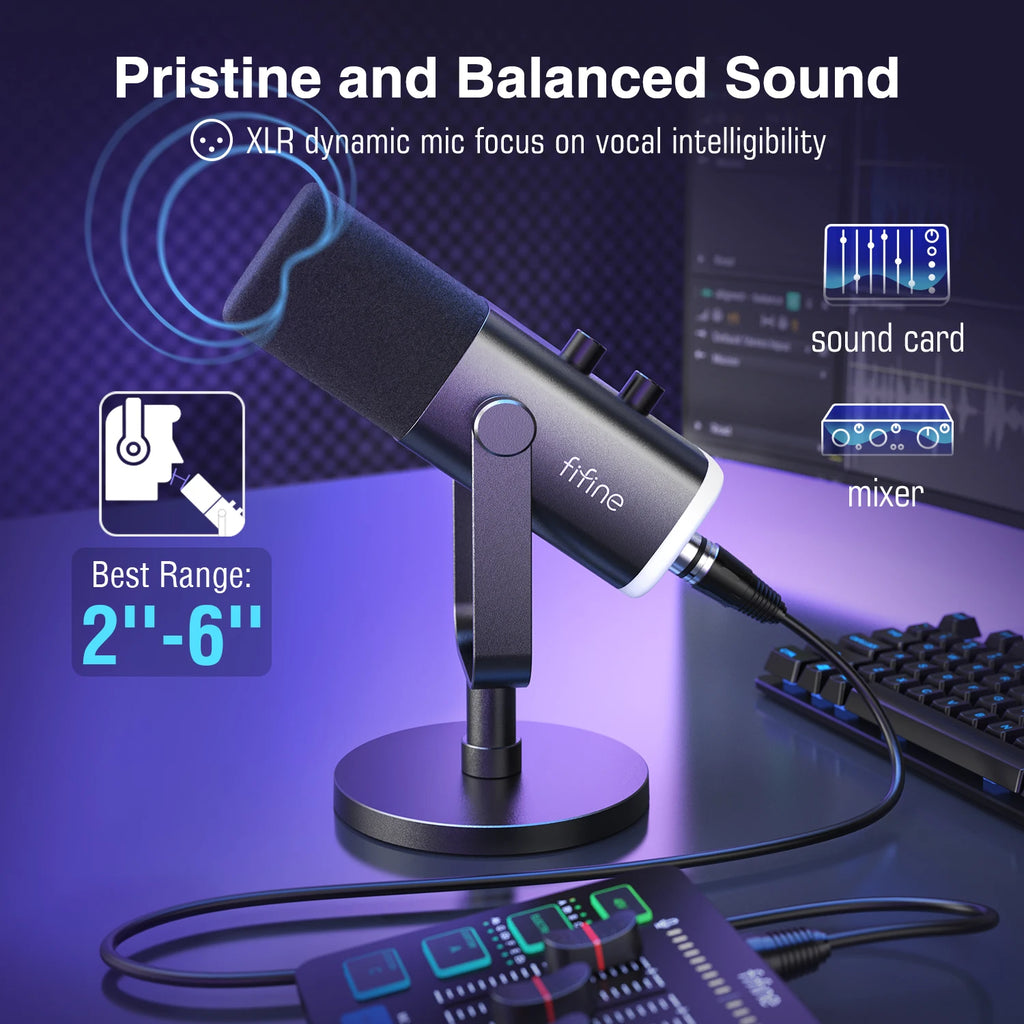 FIFINE USB/XLR Dynamic Microphone with Touch Mute Button,Headphone jack,I/O Controls,for PC PS5/4 mixer,Gaming MIC Ampligame AM8