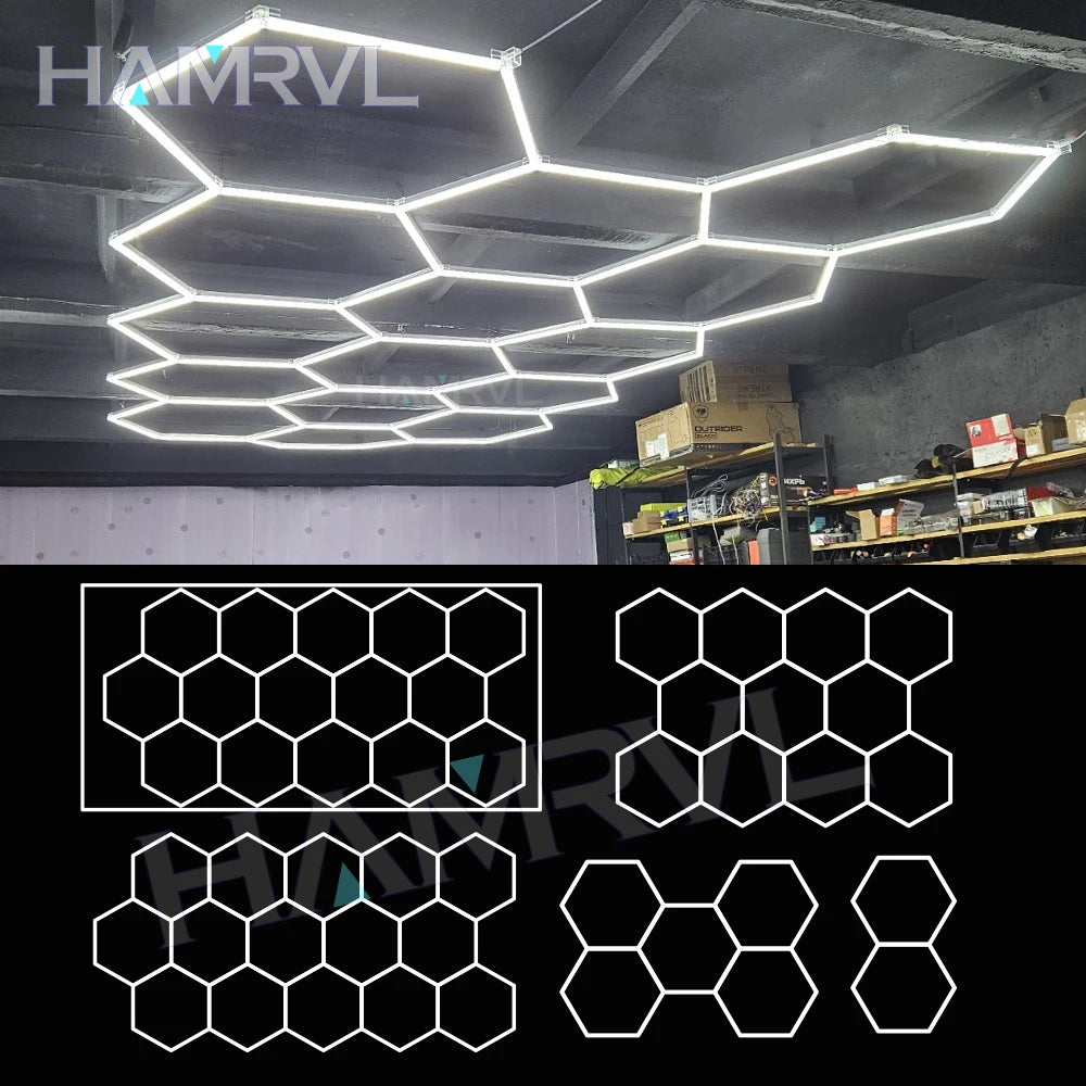 Garage Lights Hexagon Lamp 110-240V LED Tube Honeycomb Barbershop Ceiling Lighting For Workshop 4S Car Show Auto Body Repair Gym