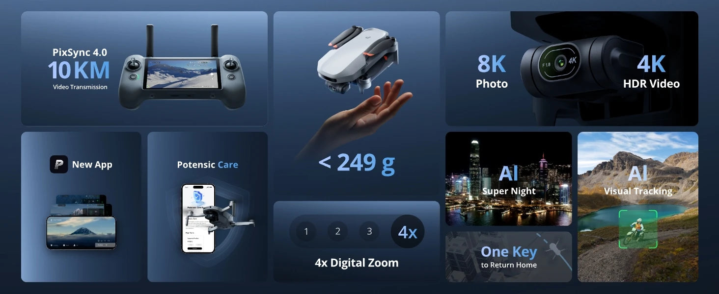 Potensic C0 ATOM 2 Drone with PTD 1 Remote Control 4K Video, 8K Photo Camera 10KM 2.7K Vertical Shoot, AI Night Shoting AI Track