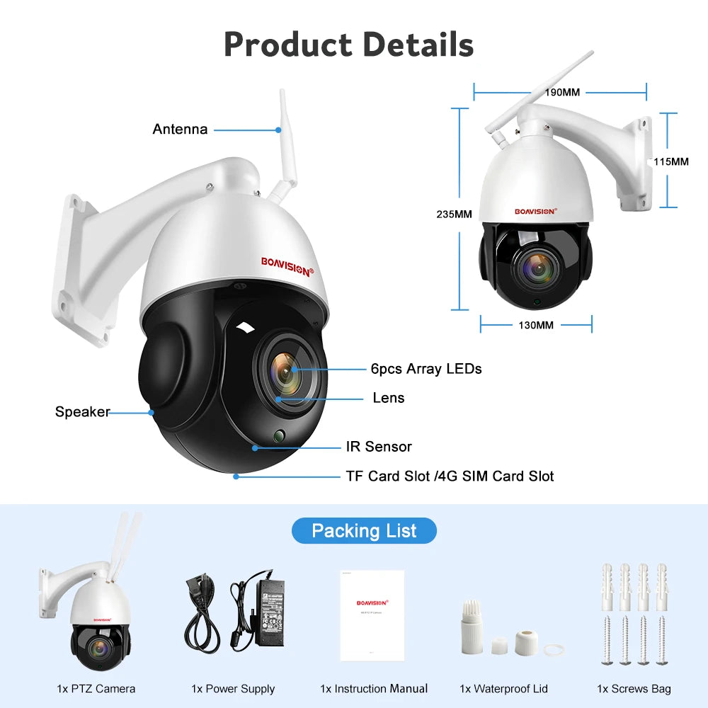 Outdoor IP Camera 8MP 5MP 4G Sim Card WIFI POE AI Auto Tracking 30X Zoom PTZ Speed Dome Two Way Audio IR 80m Surveillance Camera