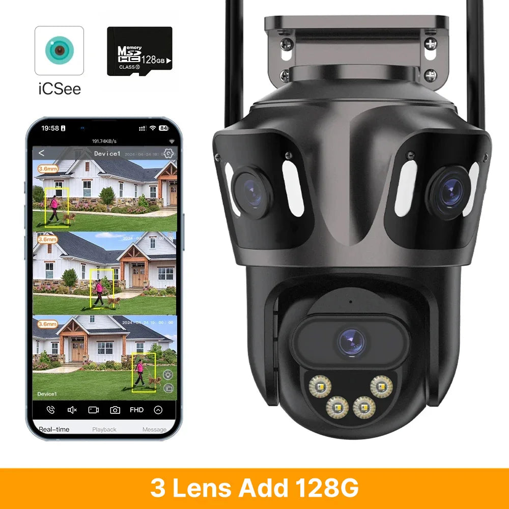 WONSDAR Three Screen WIFI IP Camera Outdoor  Dual Lens Camera Ai Human Detection Waterproof CCTV Video Security Camera iCsee
