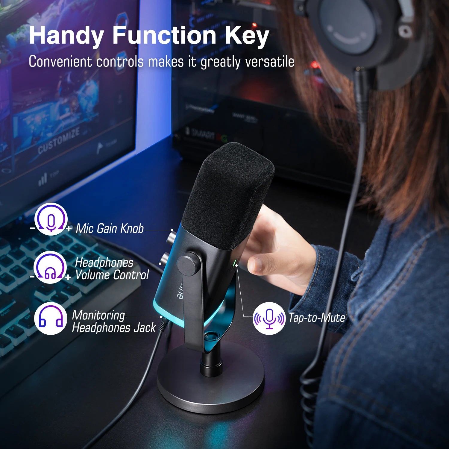 FIFINE USB/XLR Dynamic Microphone with Touch Mute Button,Headphone jack,I/O Controls,for PC PS5/4 mixer,Gaming MIC Ampligame AM8