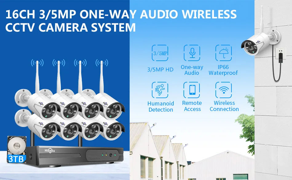 Hiseeu 3/5/8MP WIFI Security Camera Kit Night Vision One-way Audio P2P 16CH NVR Bullet Camera  Wireless CCTV Surveillance System
