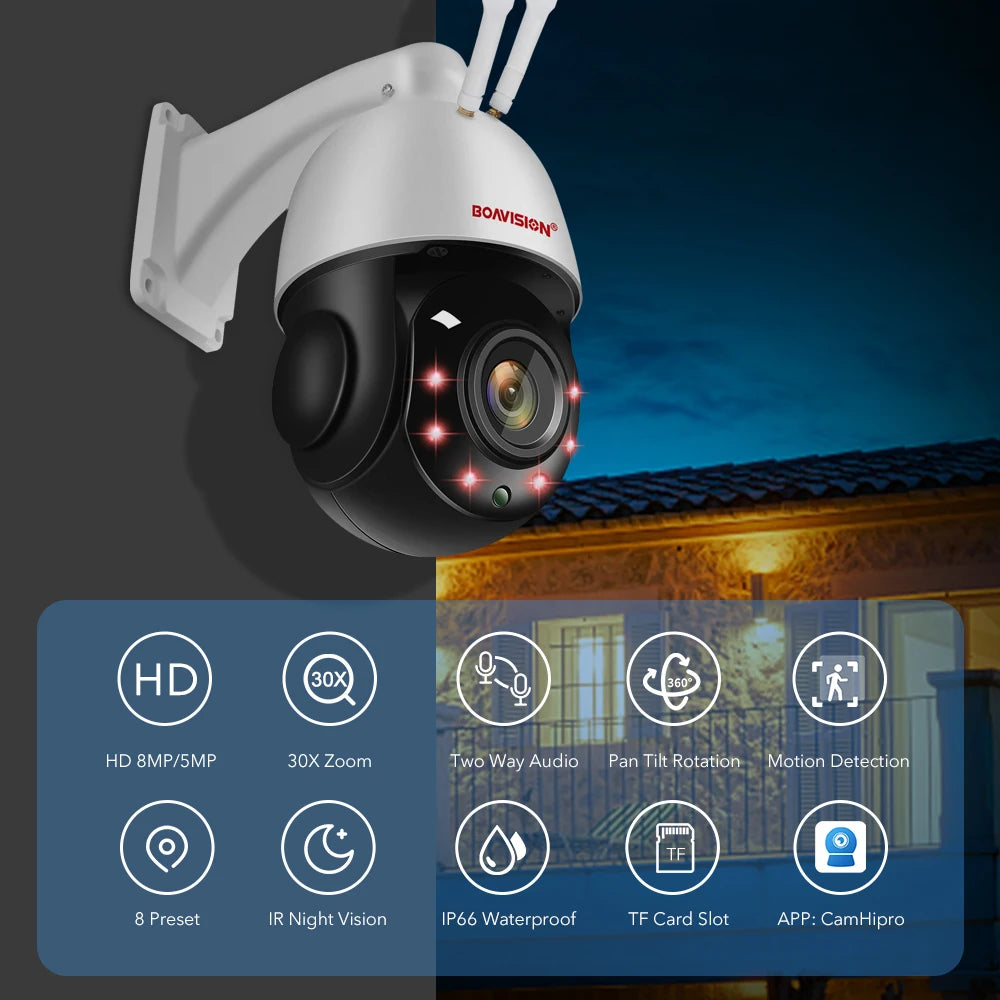 Outdoor IP Camera 8MP 5MP 4G Sim Card WIFI POE AI Auto Tracking 30X Zoom PTZ Speed Dome Two Way Audio IR 80m Surveillance Camera