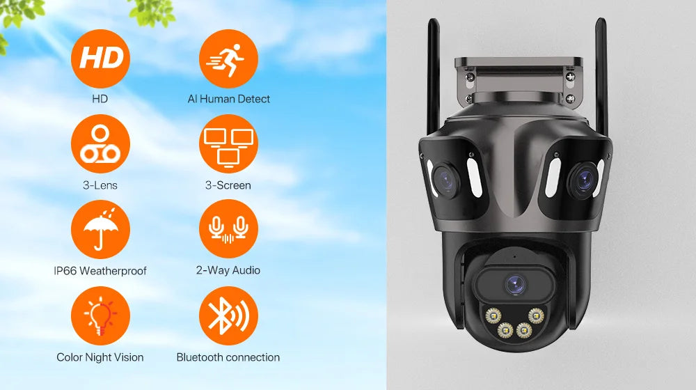 WONSDAR Three Screen WIFI IP Camera Outdoor  Dual Lens Camera Ai Human Detection Waterproof CCTV Video Security Camera iCsee