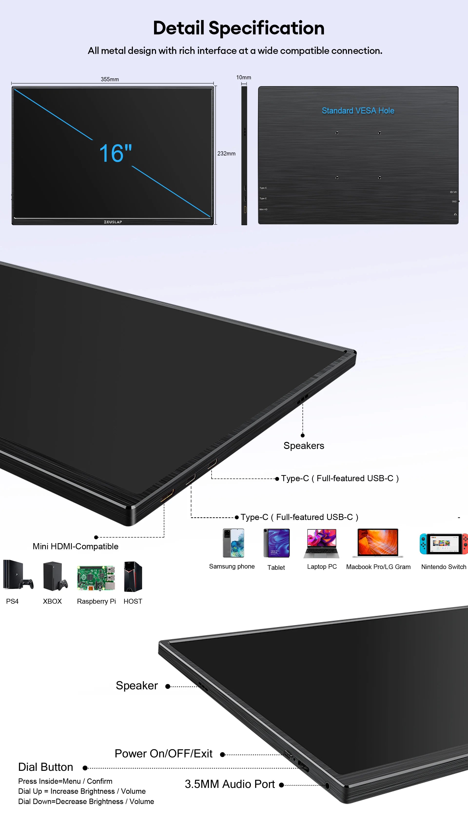 ZEUSLAP 16" Touch Screen Portable Monitor 100%sRGB 1200P IPS Travel Display for Steam Deck Laptop Switch PS4 PS5 Xbox