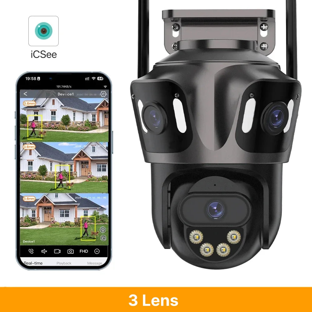 WONSDAR Three Screen WIFI IP Camera Outdoor  Dual Lens Camera Ai Human Detection Waterproof CCTV Video Security Camera iCsee
