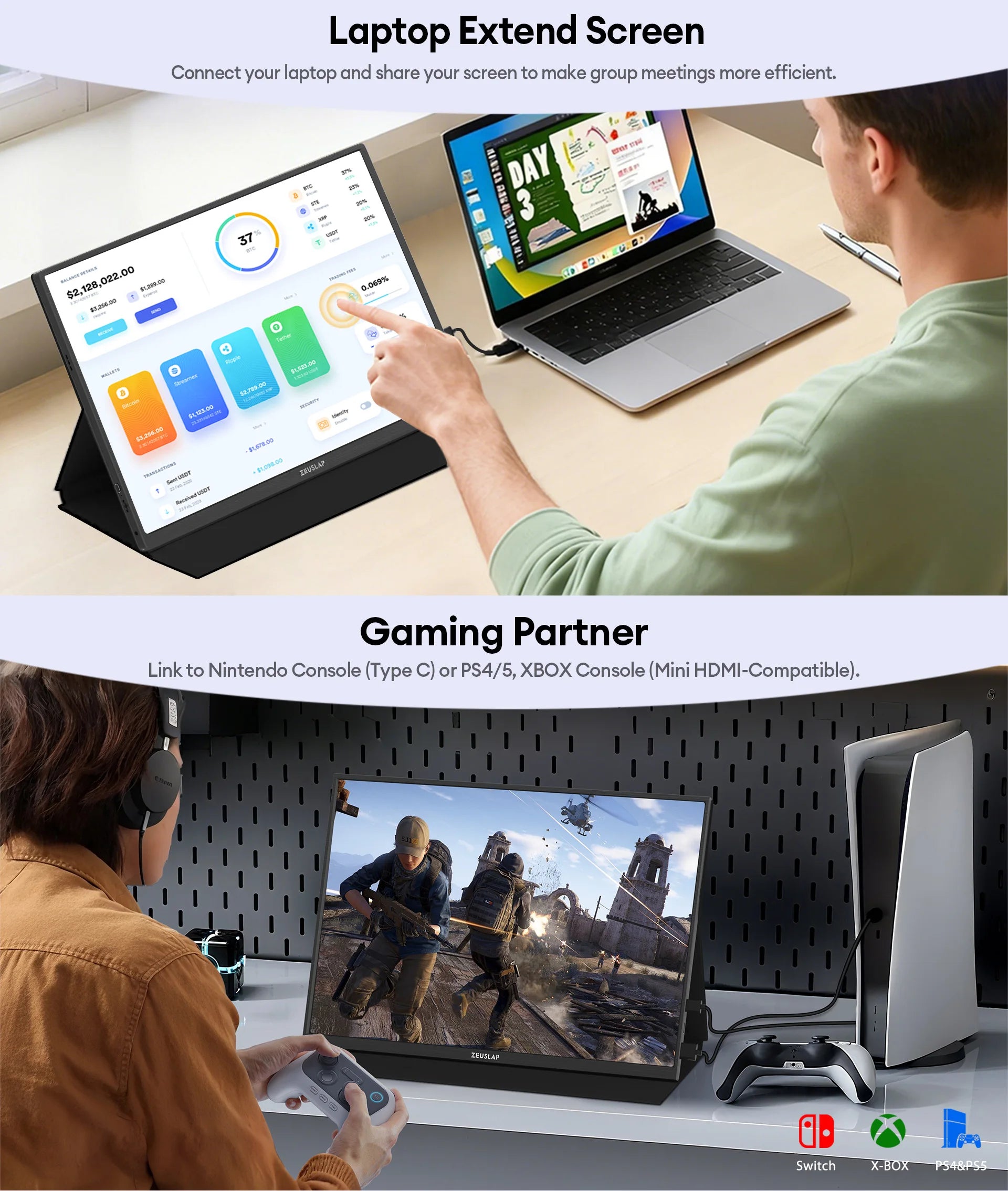 ZEUSLAP 16" Touch Screen Portable Monitor 100%sRGB 1200P IPS Travel Display for Steam Deck Laptop Switch PS4 PS5 Xbox