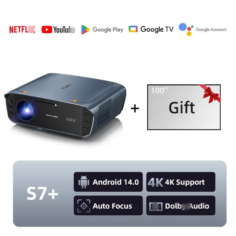 CAIWEI S7+ 4K Ultra HD Projector Video 3500 ANSI Home Theater Android for Movies Auto Focus Smart TV Beam Projectors for Outdoor