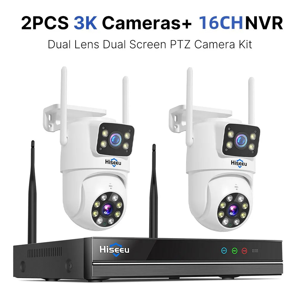 Hiseeu 3K 6MP Dual Lens WiFi CCTV Surveillance Kit Automatic Tracking Color Night Vision P2P 16CH NVR IP Cameras Security System